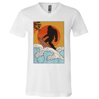 Japanese Vintage Kanagawa Art Surfing Bigfoot Hanging Ten V-Neck T-Shirt