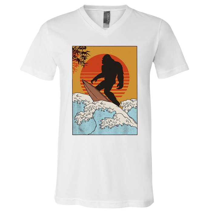 Japanese Vintage Kanagawa Art Surfing Bigfoot Hanging Ten V-Neck T-Shirt