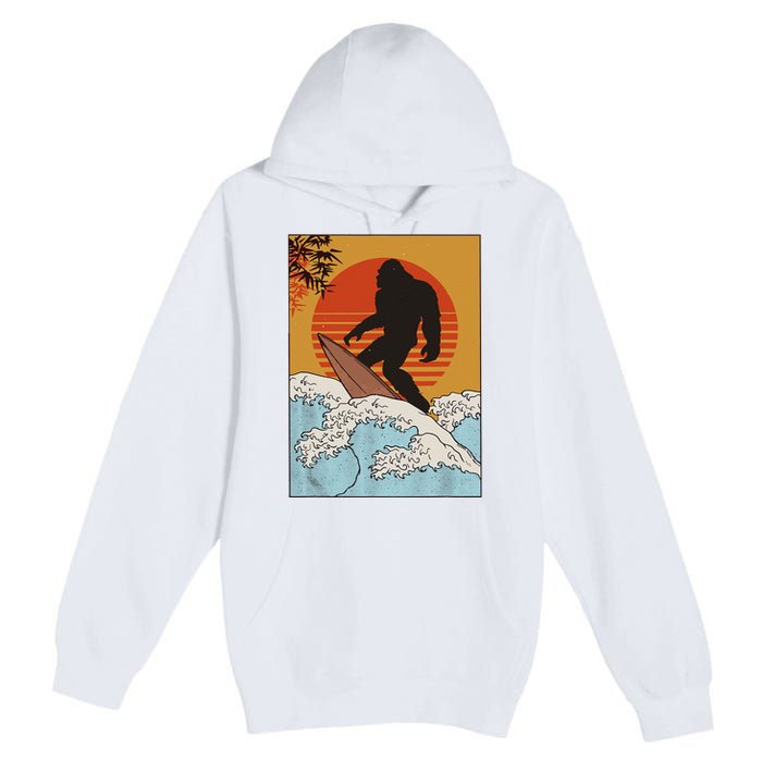 Japanese Vintage Kanagawa Art Surfing Bigfoot Hanging Ten Premium Pullover Hoodie