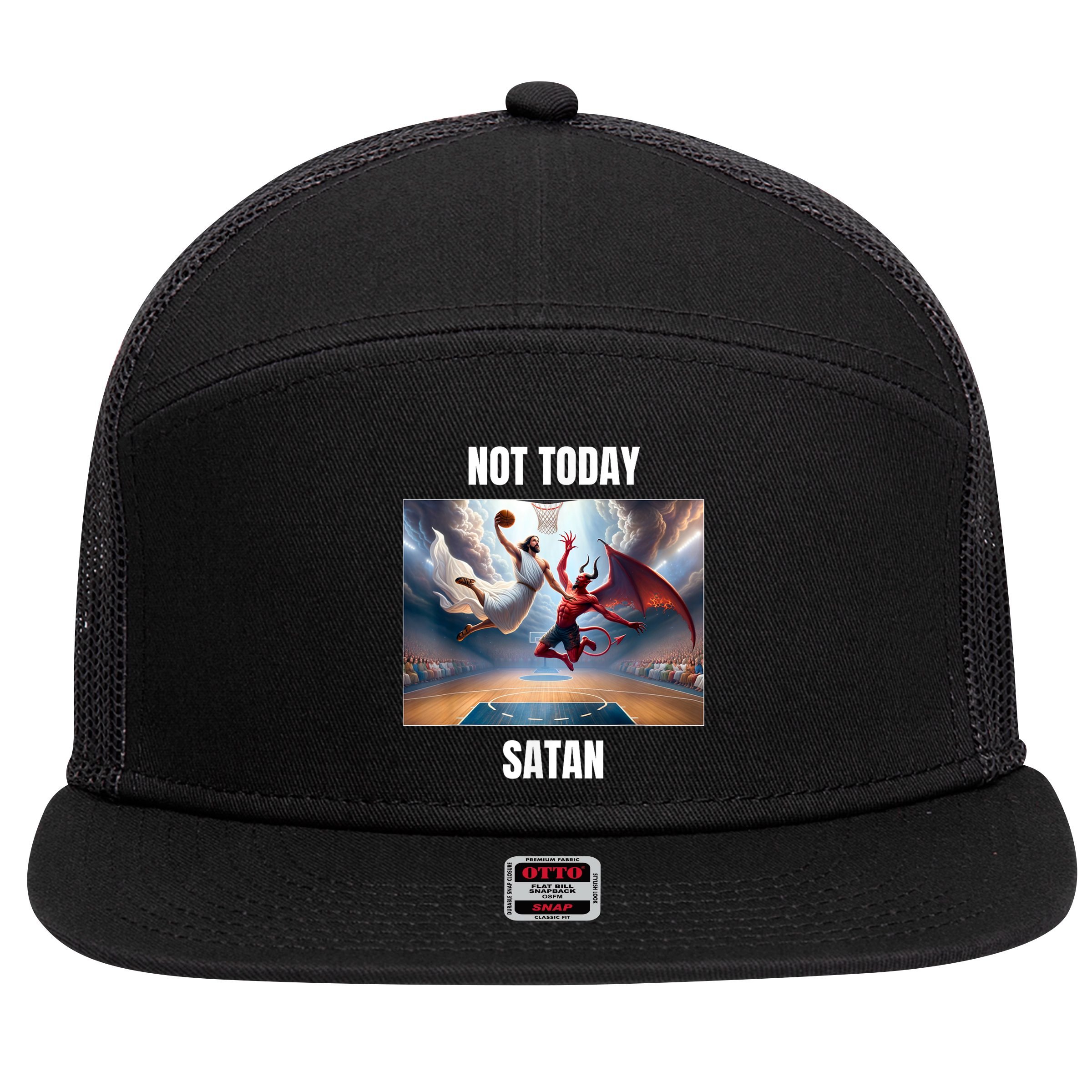 Jesus Vs Satan Playing Basketball Not Today Satan 7 Panel Mesh Trucker Snapback Hat