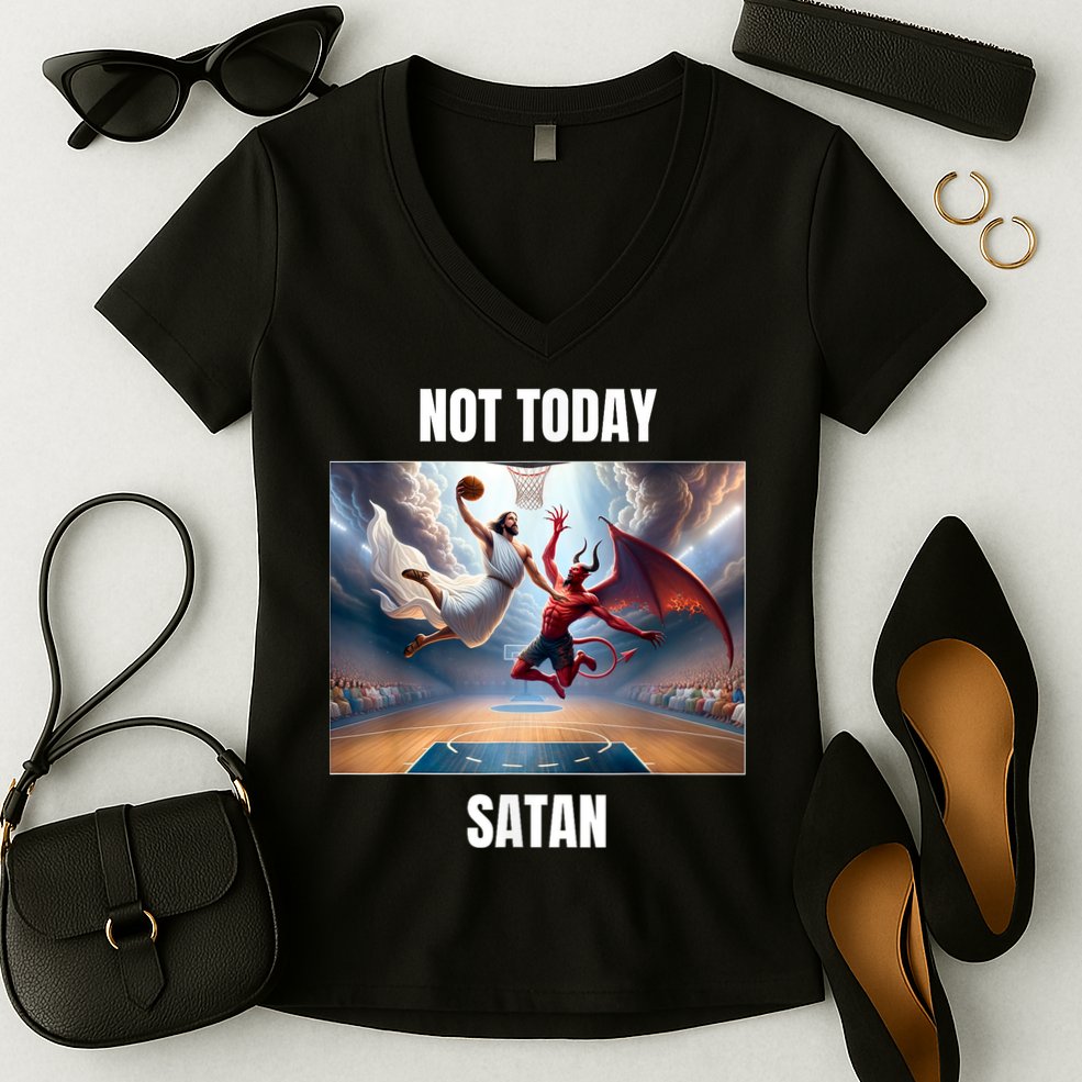 Jesus Vs Satan Playing Basketball Not Today Satan Women's V-Neck T-Shirt