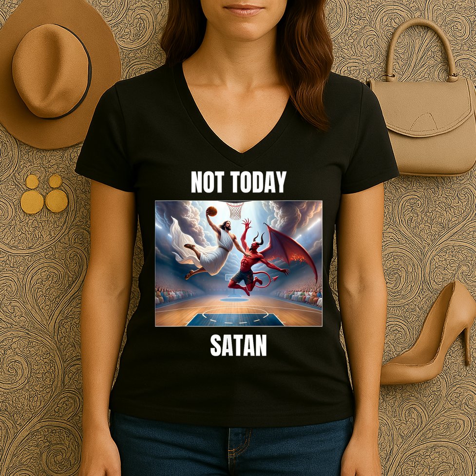 Jesus Vs Satan Playing Basketball Not Today Satan Women's V-Neck T-Shirt