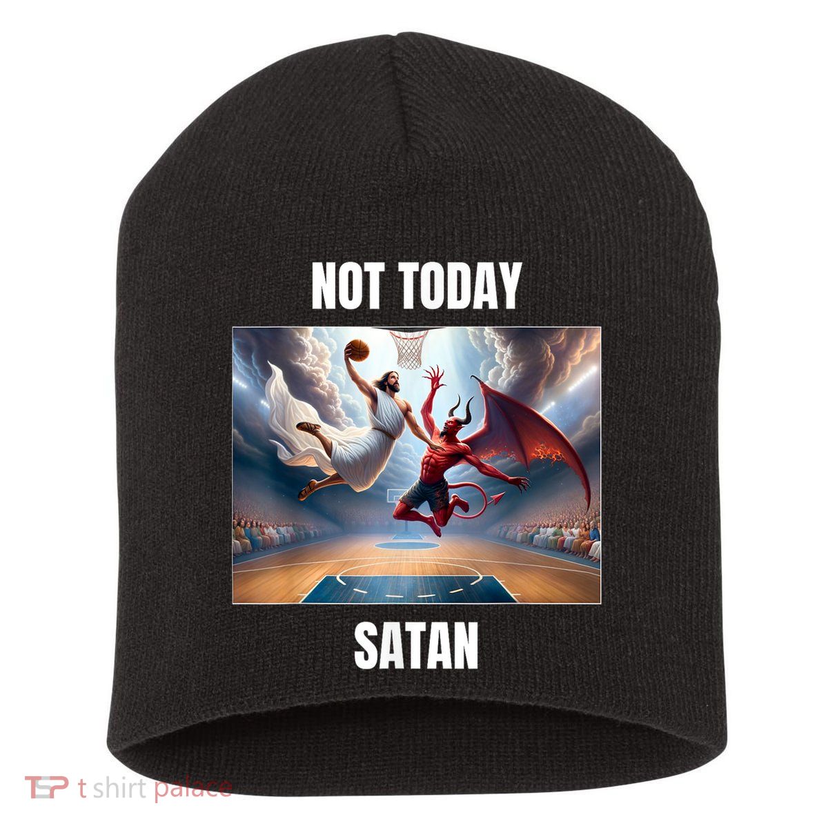 Jesus Vs Satan Playing Basketball Not Today Satan Short Acrylic Beanie