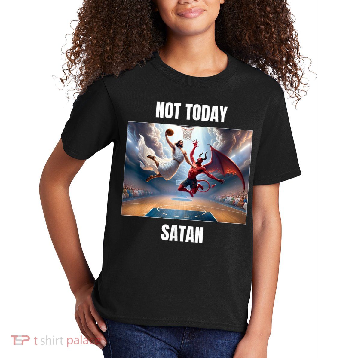 Jesus Vs Satan Playing Basketball Not Today Satan Kids T-Shirt