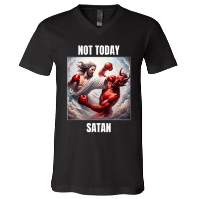 Jesus Vs Satan In A Boxing Match Not Today Satan V-Neck T-Shirt