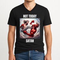 Jesus Vs Satan In A Boxing Match Not Today Satan V-Neck T-Shirt
