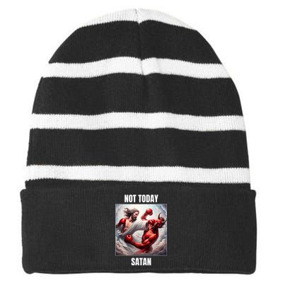 Jesus Vs Satan In A Boxing Match Not Today Satan Striped Beanie with Solid Band