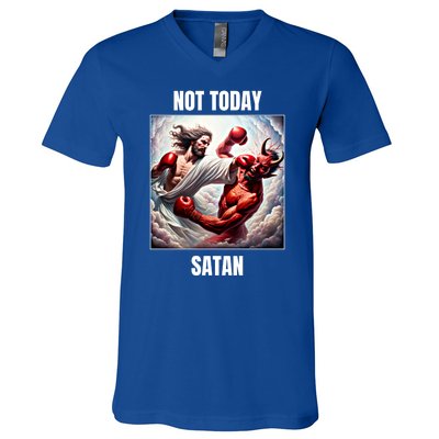 Jesus Vs Satan In A Boxing Match Not Today Satan Great Gift V-Neck T-Shirt