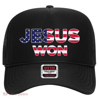 Jesus Won American Flag Christian Faith Spiritual High Crown Mesh Back Trucker Hat