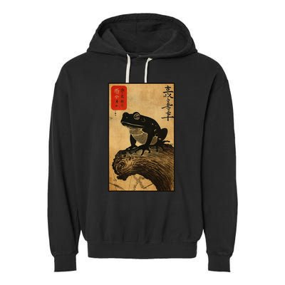 Japanese Woodblock Art Of A Frog With Japanese Kanji Garment-Dyed Fleece Hoodie