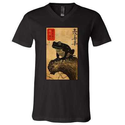 Japanese Woodblock Art Of A Frog With Japanese Kanji V-Neck T-Shirt