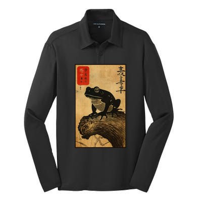 Japanese Woodblock Art Of A Frog With Japanese Kanji Silk Touch Performance Long Sleeve Polo