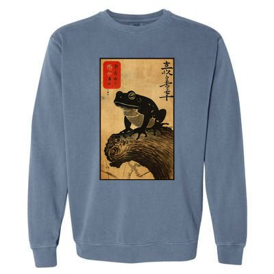 Japanese Woodblock Art Of A Frog With Japanese Kanji Garment-Dyed Sweatshirt