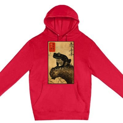 Japanese Woodblock Art Of A Frog With Japanese Kanji Premium Pullover Hoodie