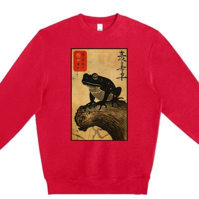 Japanese Woodblock Art Of A Frog With Japanese Kanji Premium Crewneck Sweatshirt