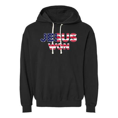 Jesus Won American Flag Christian Faith Spiritual Garment-Dyed Fleece Hoodie