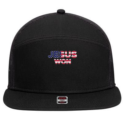 Jesus Won American Flag Christian Faith Spiritual 7 Panel Mesh Trucker Snapback Hat