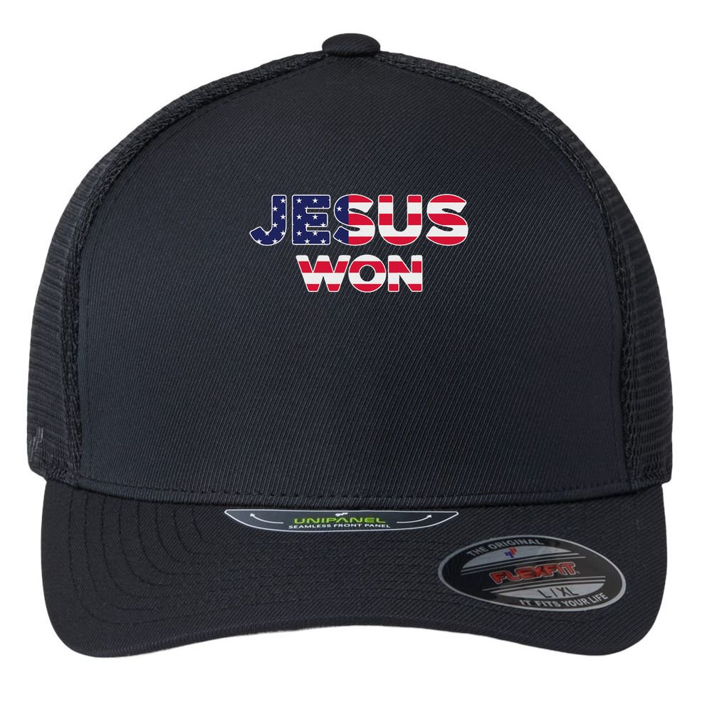 Jesus Won American Flag Christian Faith Spiritual Flexfit Unipanel Trucker Cap