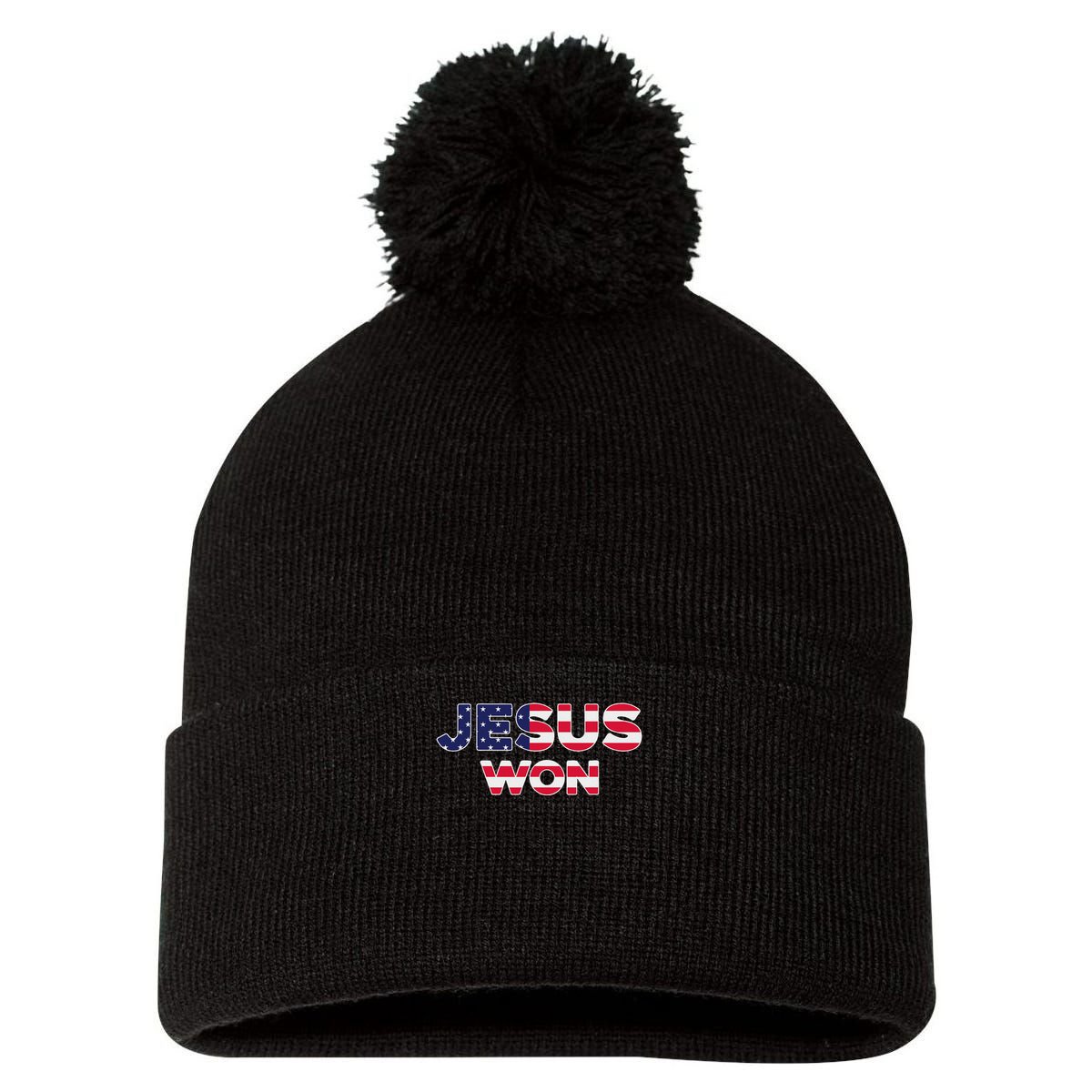 Jesus Won American Flag Christian Faith Spiritual Pom Pom 12in Knit Beanie