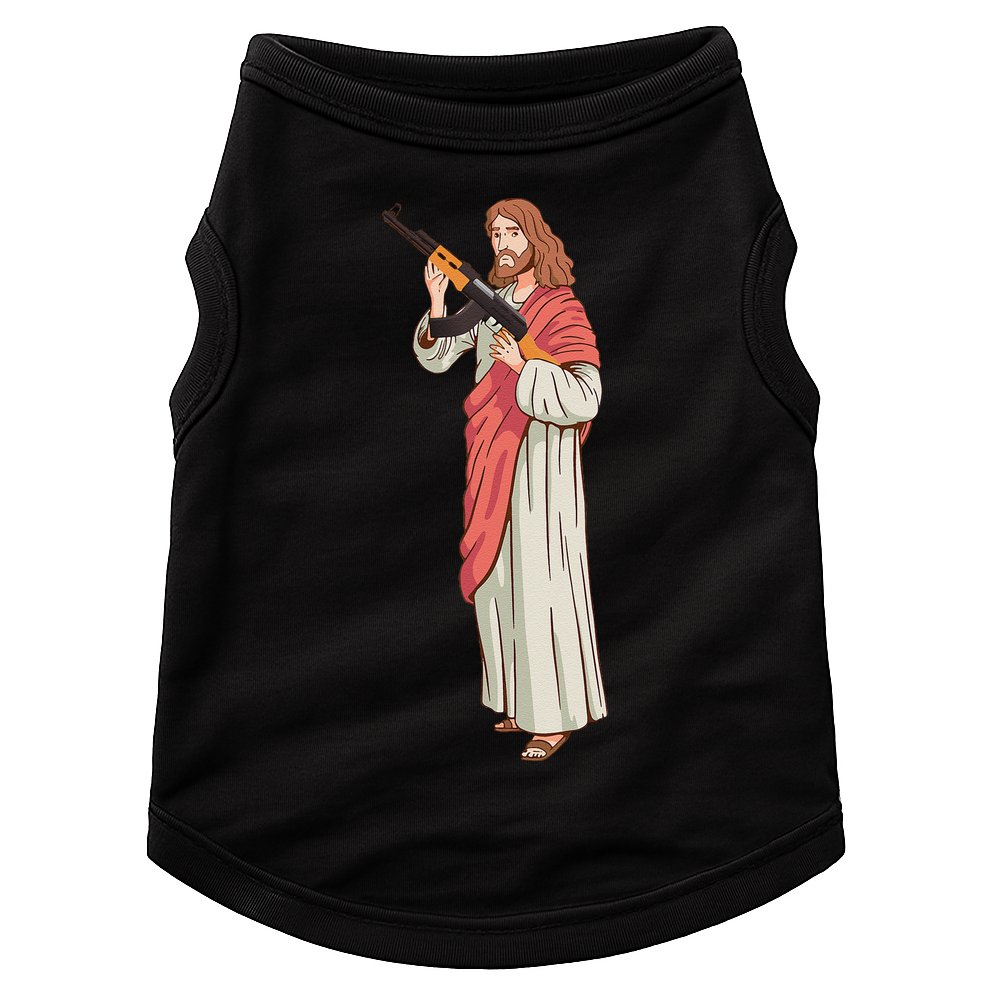 Jesus With Ak47 Assault Rifle. Doggie Tank