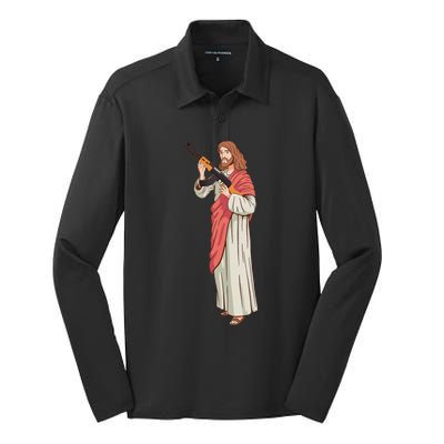 Jesus With Ak47 Assault Rifle. Silk Touch Performance Long Sleeve Polo