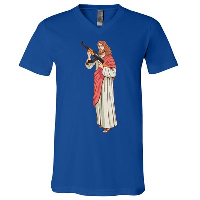 Jesus With Ak47 Assault Rifle. V-Neck T-Shirt