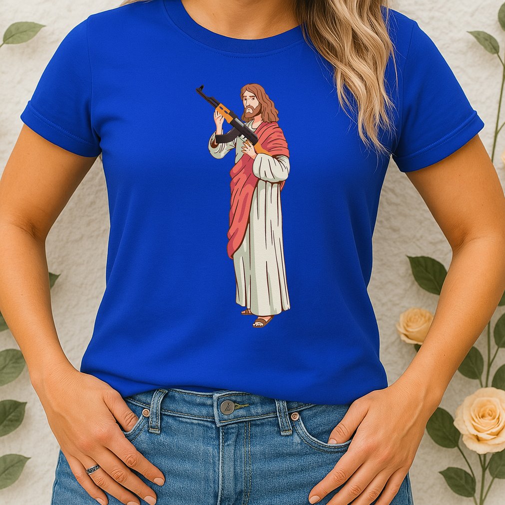 Jesus With Ak47 Assault Rifle. Womens T-Shirt