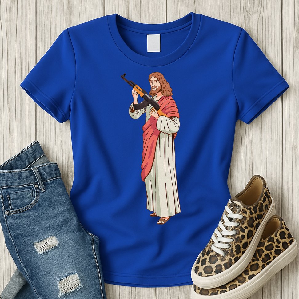Jesus With Ak47 Assault Rifle. Womens T-Shirt