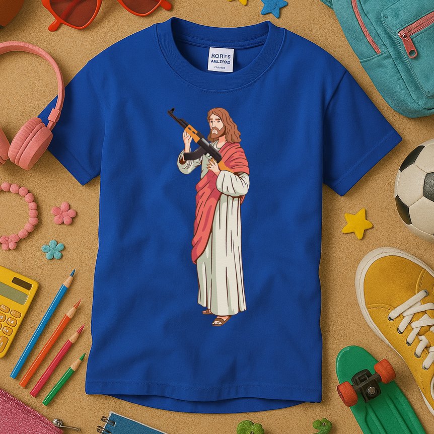 Jesus With Ak47 Assault Rifle. Kids T-Shirt