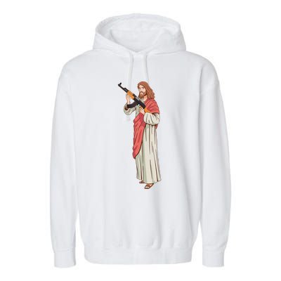 Jesus With Ak47 Assault Rifle. Garment-Dyed Fleece Hoodie