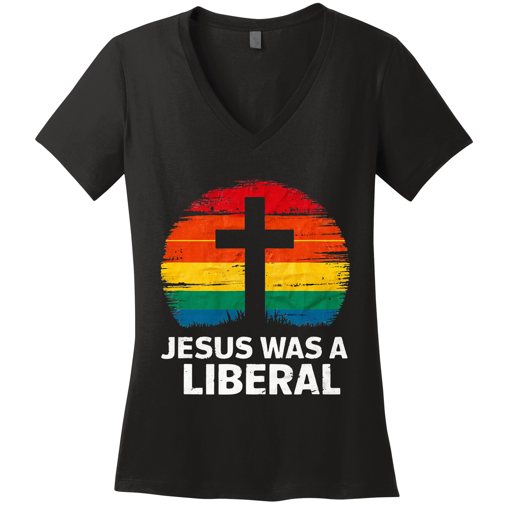 Jesus Was A Liberal Retro Vintage Sunset Progressive Women's V-Neck T-Shirt