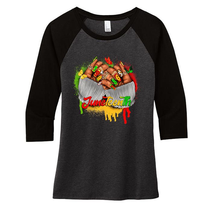 Juneteenth Wo Celebrate Black Woman Hands Nails Women's Tri-Blend 3/4-Sleeve Raglan Shirt