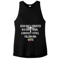 Jesus Was Convicted In A Sham Trial And Crucified Ladies PosiCharge Tri-Blend Wicking Tank