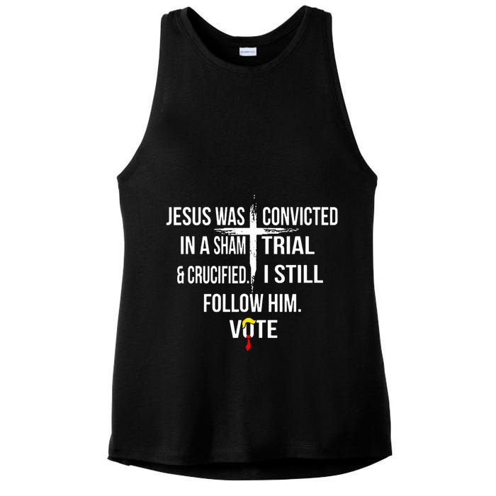 Jesus Was Convicted In A Sham Trial And Crucified Ladies PosiCharge Tri-Blend Wicking Tank