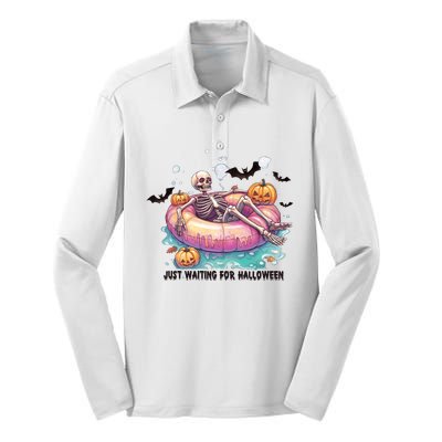 Just Waiting For Halloween Spooky Skeleton Silk Touch Performance Long Sleeve Polo