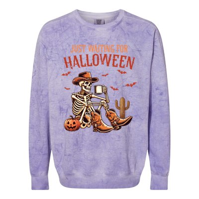 Just Waiting For Halloween Funny Skeleton Western Halloween Gift Colorblast Crewneck Sweatshirt