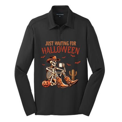 Just Waiting For Halloween Funny Skeleton Western Halloween Gift Silk Touch Performance Long Sleeve Polo