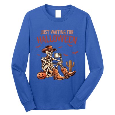 Just Waiting For Halloween Funny Skeleton Western Halloween Gift Long Sleeve Shirt