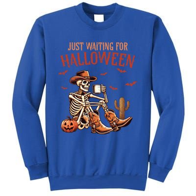 Just Waiting For Halloween Funny Skeleton Western Halloween Gift Sweatshirt