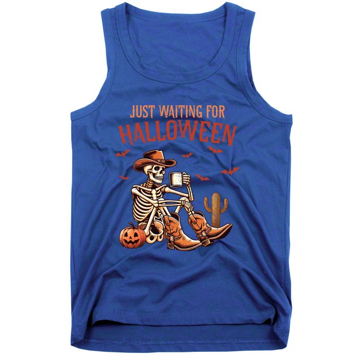 Just Waiting For Halloween Funny Skeleton Western Halloween Gift Tank Top