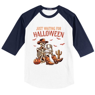 Just Waiting For Halloween Funny Skeleton Western Halloween Gift Baseball Sleeve Shirt