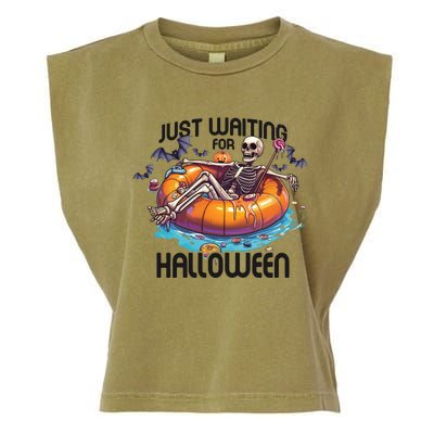 Just Waiting For Halloween Skeleton Funny Garment-Dyed Women's Muscle Tee