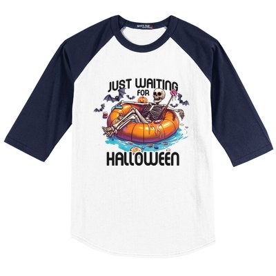 Just Waiting For Halloween Skeleton Funny Baseball Sleeve Shirt