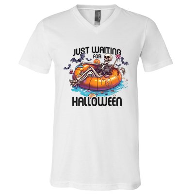 Just Waiting For Halloween Skeleton Funny V-Neck T-Shirt