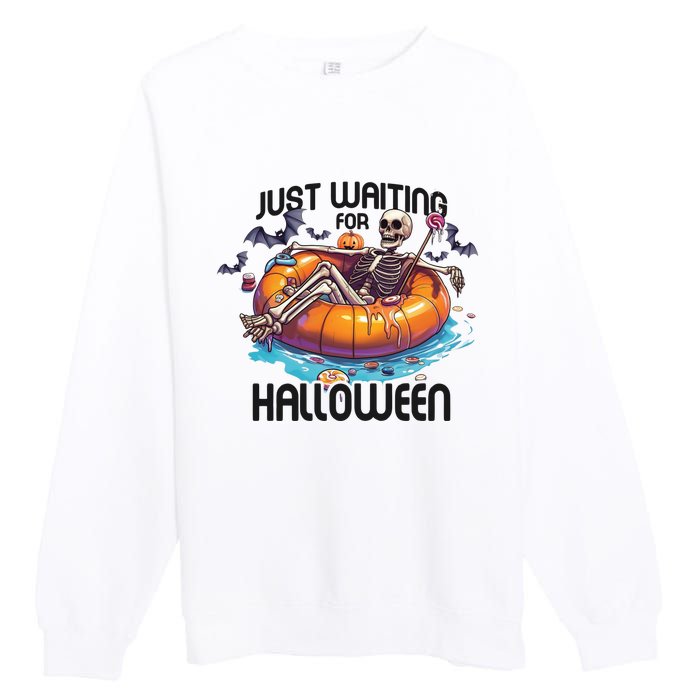 Just Waiting For Halloween Skeleton Funny Premium Crewneck Sweatshirt