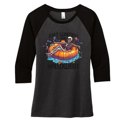 Just Waiting For Halloween Skeleton Funny Women's Tri-Blend 3/4-Sleeve Raglan Shirt