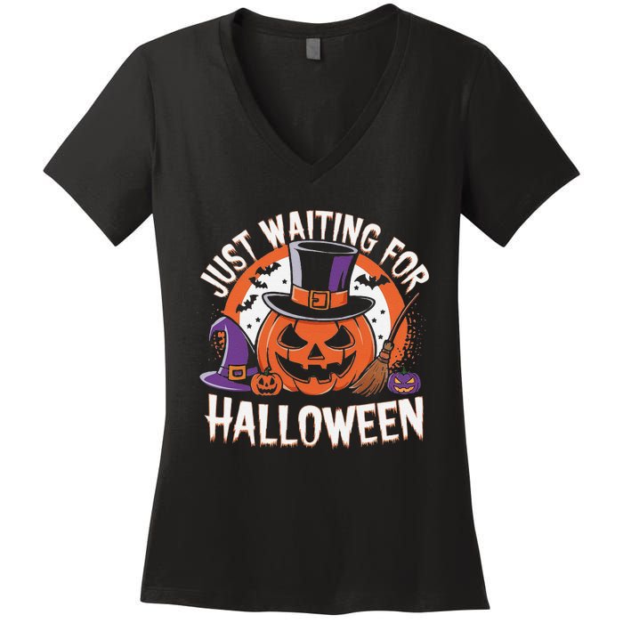 Just Waiting For Halloween Pumpkin Witch Bat Spooky Women's V-Neck T-Shirt