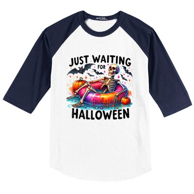 Just Waiting For Halloween Funny Skeleton Spooky Vibe Summer Gift Baseball Sleeve Shirt