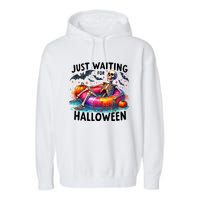 Just Waiting For Halloween Funny Skeleton Spooky Vibe Summer Gift Garment-Dyed Fleece Hoodie