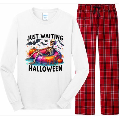 Just Waiting For Halloween Funny Skeleton Spooky Vibe Summer Gift Long Sleeve Pajama Set